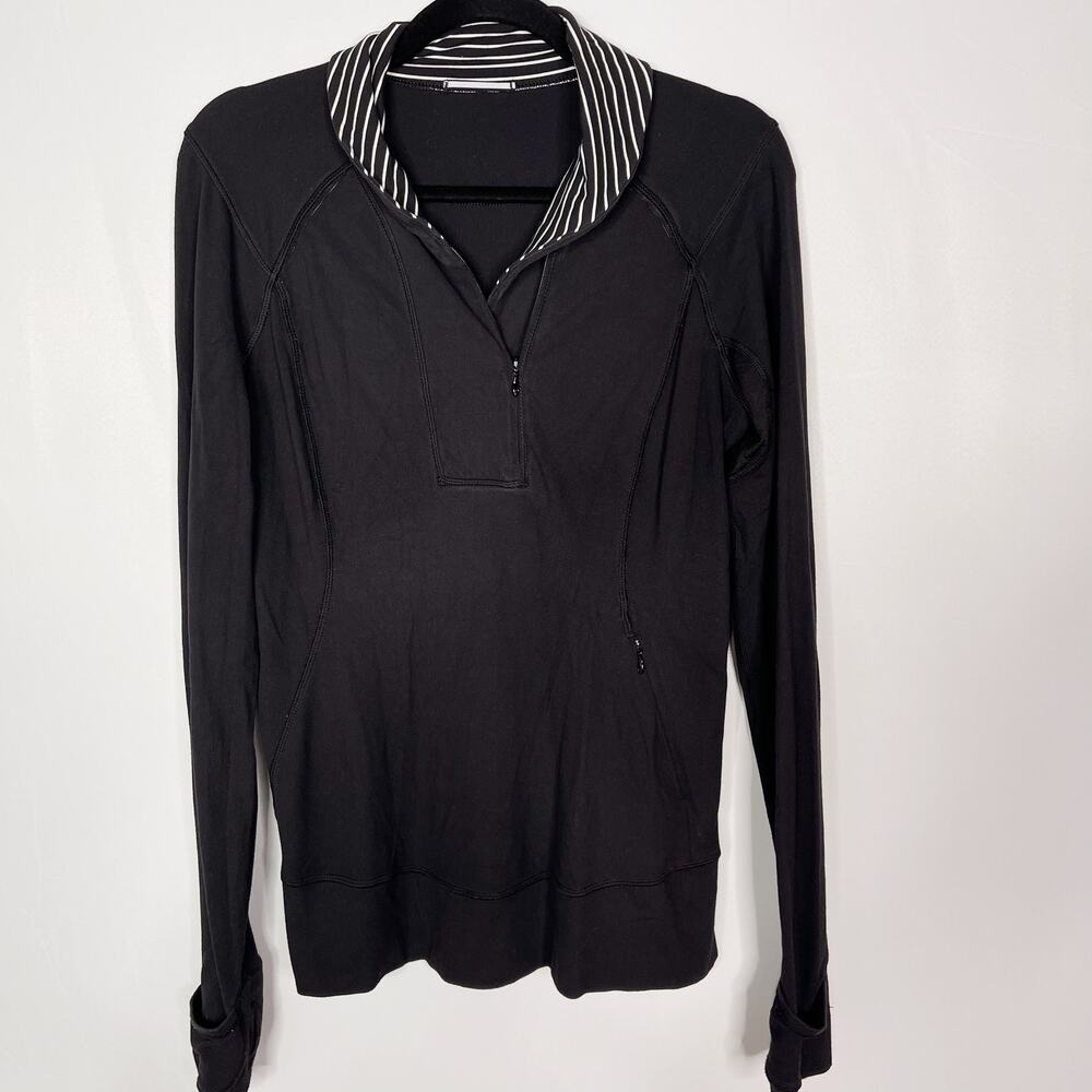 Lululemon Womens 8 Black Parallel Stripe White Think Fast Pullover Rulu 1/4 Zip